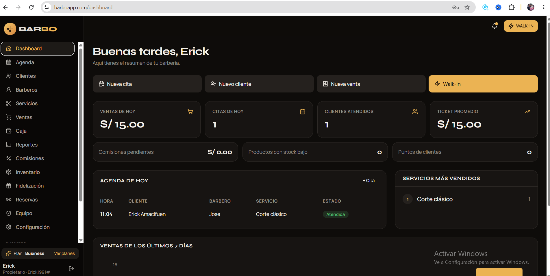 Panel de BARBO con ventas, citas y clientes del día