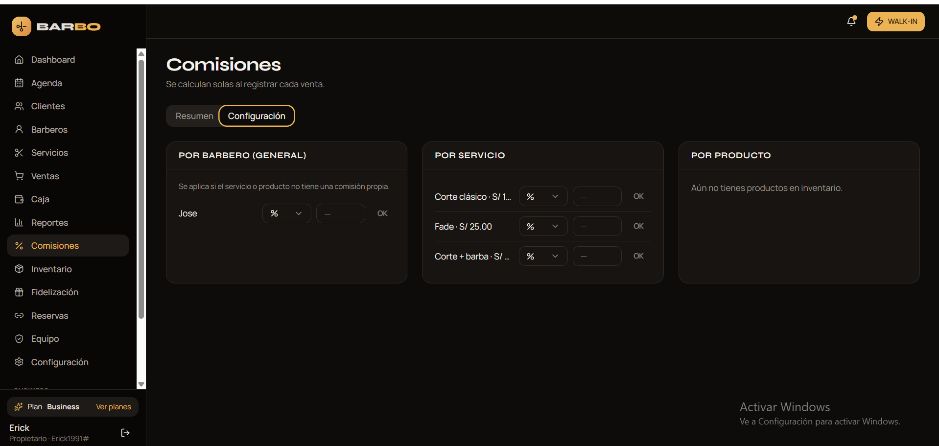 Configuración de comisiones por barbero, servicio y producto en BARBO